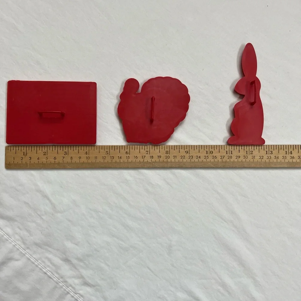 6 Cookie Cutters Red Plastic Vintage Pig Bunny Clown Turkey Flag Christmas Tree